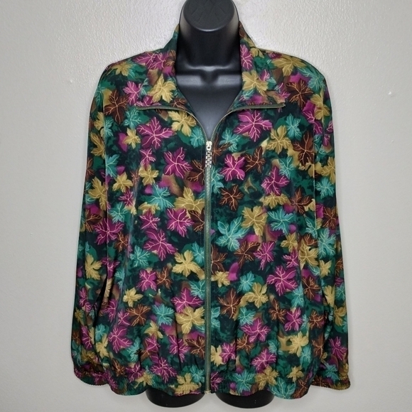 VTG 80s 90s Teddi Women's XL Satin Bomber Jacket AOP Leaf Full Zip Shoulder Pads - Picture 2 of 10